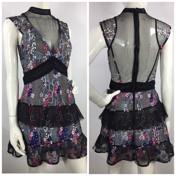 Self Portrait Mesh Lace Ruffle Tiered Dress